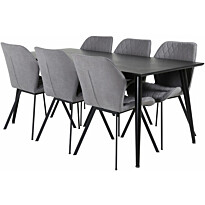 Ruokailuryhmä Venture Home, 180x90cm musta Dipp-pöytä + 6 harmaata Gemma-tuolia