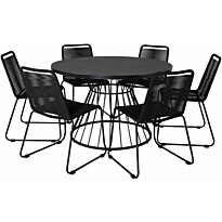 Ruokailuryhmä Venture Home, ⌀120cm harmaa/musta Tropea-pöytä + 6 mustaa, pinottavaa Lindos-tuolia