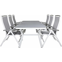 Ruokailuryhmä Venture Home, 200x100cm valkoinen/harmaa Virya-pöytä + 6 harmaa/valkoista Albany-säätötuolia