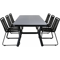 Ruokailuryhmä Venture Home, 200x100cm musta/harmaa Virya-pöytä + 6 mustaa, pinottavaa Lindos-tuolia