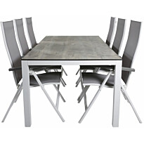 Ruokailuryhmä Venture Home, 205x100cm harmaa/valkoinen Llama-pöytä + 6 harmaa/valkoista Albany Light -säätötuolia