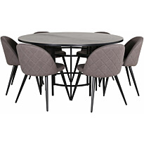 Ruokailuryhmä Venture Home, ⌀140cm musta Copenhagen-pöytä + 6 harmaata Velvet Stitches -tuolia
