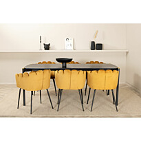 Ruokailuryhmä Venture Home, 190x90cm musta Pelle-pöytä + 6 keltaista Limhamn-tuolia, sametti