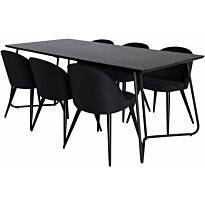 Ruokailuryhmä Venture Home, 190x90cm musta Petra-pöytä + 6 mustaa Velvet-tuolia