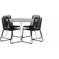 Ruokailuryhmä Venture Home, ø120cm harmaa/valkoinen Break-pöytä + 4 mustaa, pinottavaa Lindos-tuolia