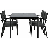 Ruokailuryhmä Venture Home, 200x100cm musta Modena-pöytä + 6 mustaa, pinottavaa Copacabana-tuolia