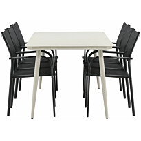 Ruokailuryhmä Venture Home, 200x90cm beige Lina-pöytä + 6 mustaa, pinottavaa Santorini-tuolia
