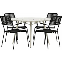 Ruokailuryhmä Venture Home, ø120cm, beige Lina-pöytä + 4 mustaa Lindos-tuolia, käsinojilla