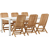 Ruokailuryhmä Venture Home, 200x100cm valkoinen/tiikki Togo-pöytä + 6 ruskeaa Ghana-taittotuolia