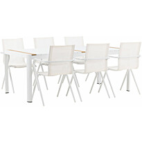 Ruokailuryhmä Venture Home, 200x100cm valkoinen/tiikki Togo-pöytä + 6 valkoista Alina-tuolia