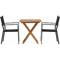 Parvekeryhmä Venture Home, 70x70cm Kenya-pöytä + 2 mustaa, pinottavaa Copacabana-tuolia