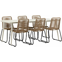 Ruokailuryhmä Venture Home, 200x90cm beige Lina-pöytä + 6 ruskeaa, pinottavaa Lindos-tuolia