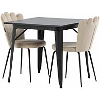 Ruokailuryhmä Venture Home, 80x80cm musta Tempe-pöytä + 2 beigeä Limhamn Light -tuolia