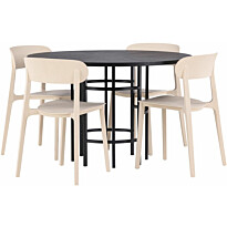 Ruokailuryhmä Venture Home, ⌀115cm musta Copenhagen-pöytä + 4 beigeä Åstol-tuolia