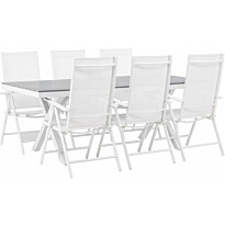 Ruokailuryhmä Venture Home, 200x100cm harmaa/valkoinen Garcia-pöytä + 6 valkoista Break-tuolia