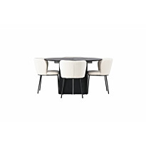 Ruokailuryhmä Venture Home, ⌀130cm, jatkettava Matilda-pöytä + 4 valkoista Edina-tuolia, bouclé
