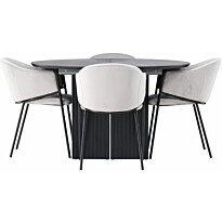 Ruokailuryhmä Venture Home, ⌀130cm, jatkettava Matilda-pöytä + 4 mustaa Evelina-tuolia, sametti