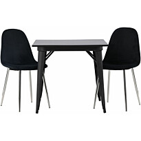 Ruokailuryhmä Venture Home, 80x80cm musta Tempe-pöytä + 2 mustaa Polar Velvet -tuolia