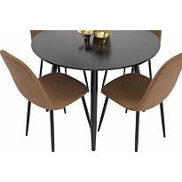 Ruokailuryhmä Venture Home, ⌀100cm musta Plaza-pöytä + 4 ruskeaa Polar PU-tuolia
