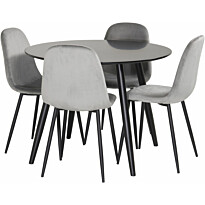 Ruokailuryhmä Venture Home, ⌀100cm musta Plaza-pöytä + 4 harmaata Polar Velvet -tuolia