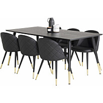 Ruokailuryhmä Venture Home, 180x90cm musta/messinki Dipp-pöytä + 6 musta/messinki Velvet PU -tuolia