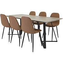 Ruokailuryhmä Venture Home, 180x90cm harmaa/musta Marina-pöytä + 6 ruskeaa Polar-tuolia, keinonahka
