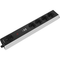 Jatkojohto Gelia Kombi, 1.5m, 5-osainen + 2xUSB-A + 1xUSB-C + kytkin, musta/harmaa