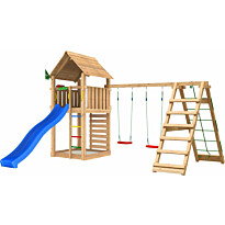 Leikkitorni Jungle Gym Cabin 2.1, 2-Climb Module 220, liukumäki ja 120 kg hiekkaa