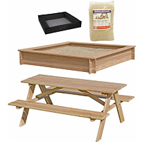 Hiekkalaatikko Nordic Play Active, 150x150cm, lehtikuusi, verkko, 200 kg hiekkaa ja pöytä/penkkisetti