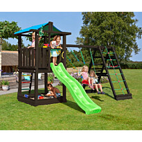 Leikkitornikokonaisuus Jungle Gym Hut 2.1, 2-Climb Module 220, mustaksi petsattu, vihreä liukumäki