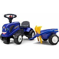 Potkuauto Falk Ride-on traktori Baby New Holland, peräkärryllä, haravalla ja lapiolla