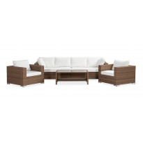 Oleskeluryhmä Bahamas, 4-istuttava sohva + 2 nojatuolia + sohvapöytä hyllyllä, hiekka/valkoinen