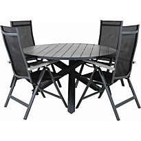 Ruokailuryhmä Venture Home, ø140cm Parma-pöytä + 4 tummanharmaata Albany-tuolia