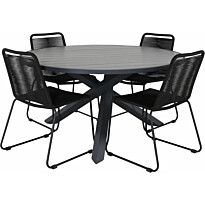 Ruokailuryhmä Venture Home, ø140cm Parma-pöytä + 4 mustaa Lindos-tuolia