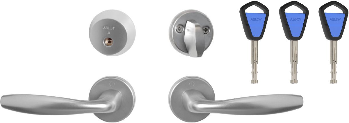 Helapaketti 14. Avainpesä Abloy CY001 satiinikromi (Easy) ja painike Hoppe New York