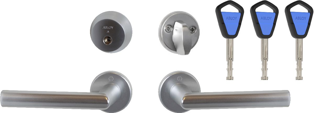 Helapaketti 2. Avainpesä Abloy CY001 satiinikromi (Easy) ja painike Hoppe Amsterdam