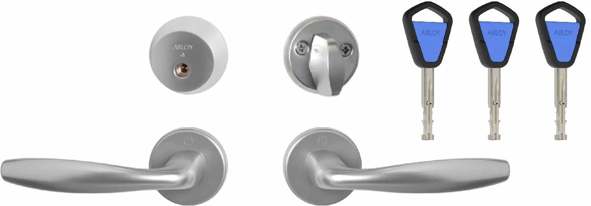 Helapaketti 14 Avainpesä Abloy CY001 satiinikromi (Easy) ja painike Hoppe New York asennettuna