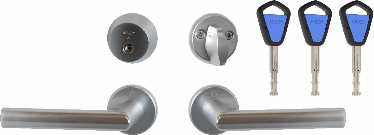 Helapaketti 2 Avainpesä Abloy CY001 satiinikromi (Easy) ja painike Hoppe Amsterdam asennettuna