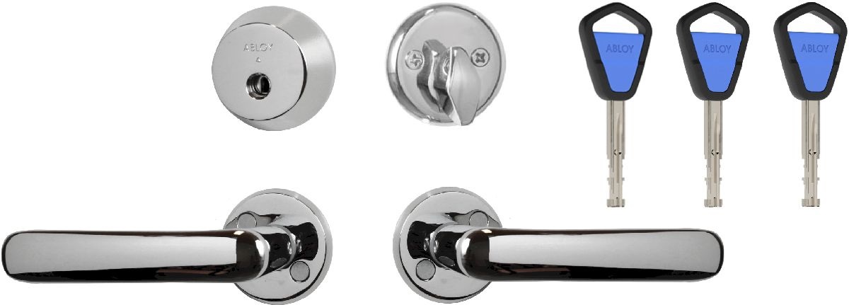 Helapaketti 9 Avainpesä Abloy CY001 kromi (Easy) ja painike 1058 kromi asennettuna