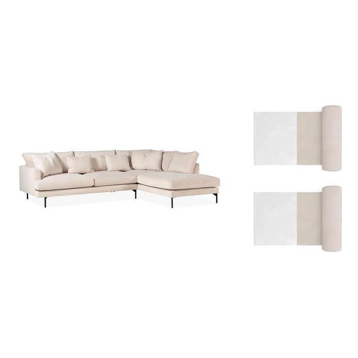 Divaanisohva Menard, 4-istuttava, oikeakätinen, L-muotoinen, Manchester-kangas, 2 niskatyynyä, beige (00761)