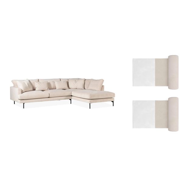 Divaanisohva Menard, 4-istuttava, oikeakätinen, L-muotoinen, Manchester-kangas, 2 niskatyynyä, beige (00761)