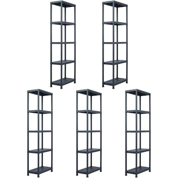 Varastohyllyt, 5kpl, 125kg, muovi, 60x30x180cm, musta