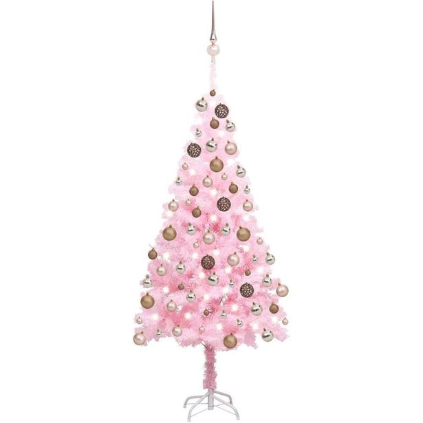 Tekojoulukuusi LED-valoilla ja palloilla, pinkki, PVC