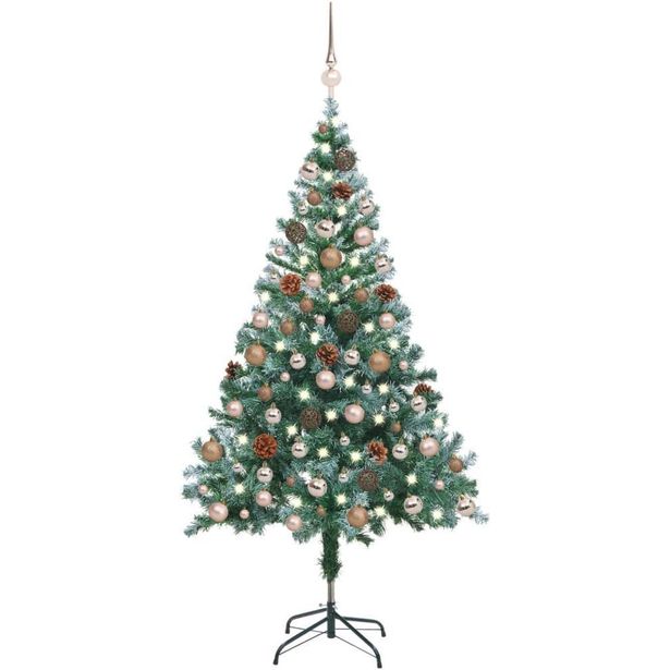 Huurteinen joulukuusi LED-valoilla, palloilla ja kävyillä, 150cm