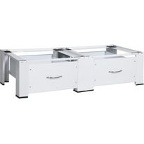 Pesukoneen ja kuivausrummun korokejalusta laatikoilla, valkoinen