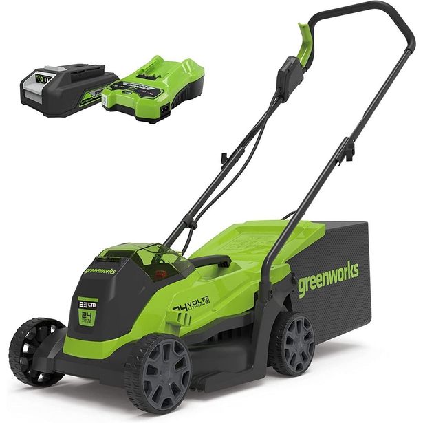 Akkuruohonleikkuri Greenworks GD24LM33K2, 33cm, 24V, 2.0Ah akulla