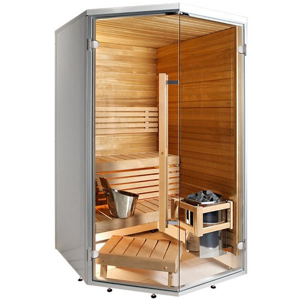 Kylpyhuonesauna Sirius Formula, 1440x1240, eri materiaaleja, kulmamalli