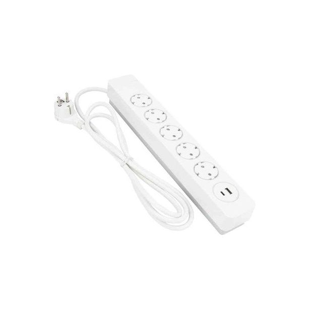 Jatkojohto Gelia 5+1+1 Kombi, 2m, 5-osainen + 1xUSB-A + 1xUSB-C, valkoinen