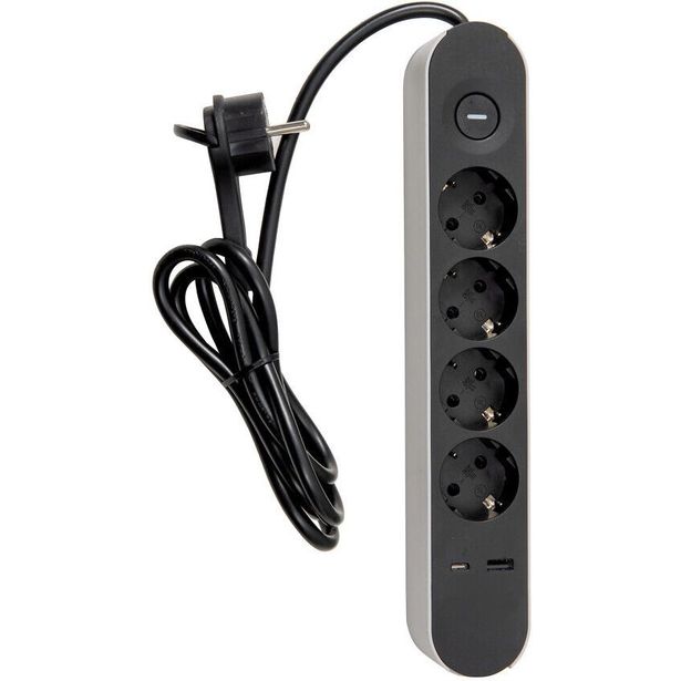 Jatkojohto Airam Trend, 4-osainen + USB-A + USB-C, 1.4m, musta