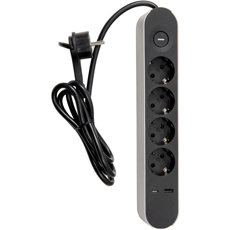 Jatkojohto Airam Trend, 4-osainen + USB-A + USB-C, 1.4m, musta